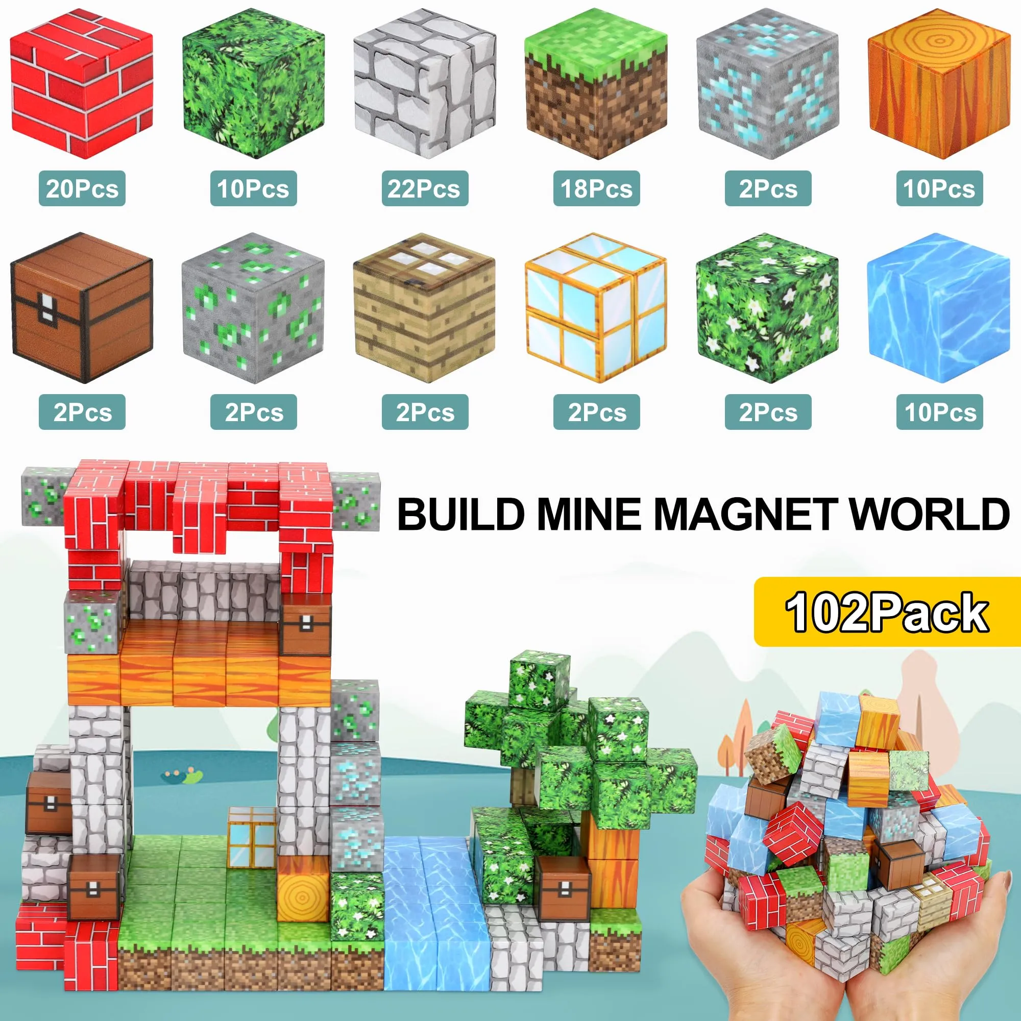 102PCS Magnetic Blocks World Set for Boys & Girls - Pixel Magnet Building Blocks Forest for Kids Age 3  Education Sensory Games - Construction Toys Birthday