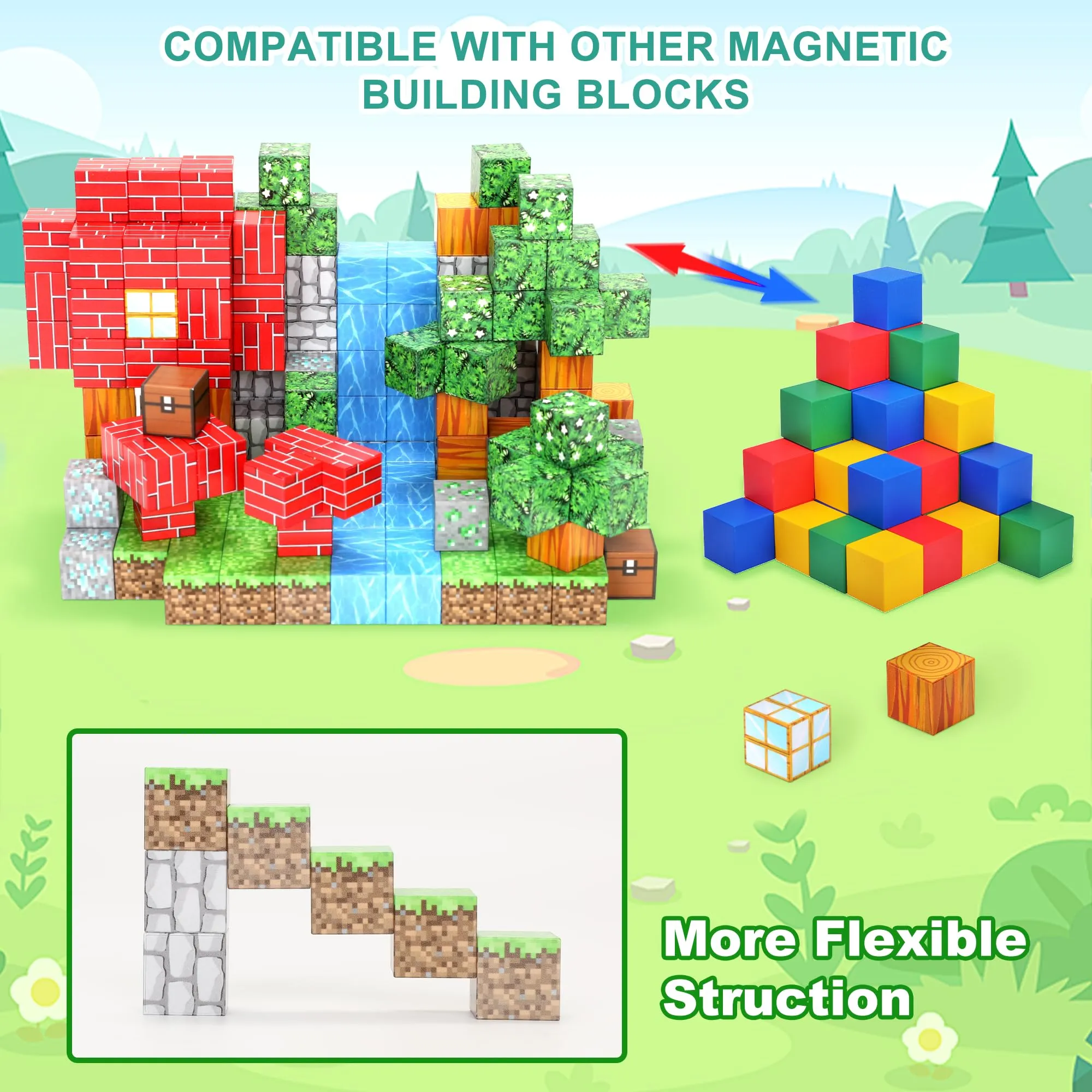 102PCS Magnetic Blocks World Set for Boys & Girls - Pixel Magnet Building Blocks Forest for Kids Age 3  Education Sensory Games - Construction Toys Birthday