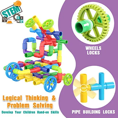 175 Piece STEM Building Blocks, Pipe Tube Sensory Toys, Creative Tube Locks Construction Set with Wheels Baseplate, Preschool Educational Learning Toys, Present Gift for Toddler Boys Girls Aged 3 