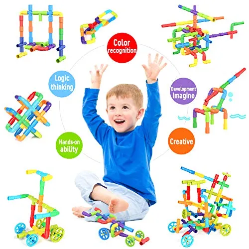 175 Piece STEM Building Blocks, Pipe Tube Sensory Toys, Creative Tube Locks Construction Set with Wheels Baseplate, Preschool Educational Learning Toys, Present Gift for Toddler Boys Girls Aged 3 