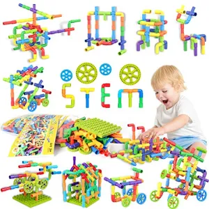 175 Piece STEM Building Blocks, Pipe Tube Sensory Toys, Creative Tube Locks Construction Set with Wheels Baseplate, Preschool Educational Learning Toys, Present Gift for Toddler Boys Girls Aged 3 