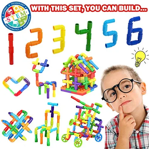 175 Piece STEM Building Blocks, Pipe Tube Sensory Toys, Creative Tube Locks Construction Set with Wheels Baseplate, Preschool Educational Learning Toys, Present Gift for Toddler Boys Girls Aged 3 