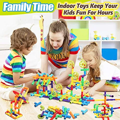 175 Piece STEM Building Blocks, Pipe Tube Sensory Toys, Creative Tube Locks Construction Set with Wheels Baseplate, Preschool Educational Learning Toys, Present Gift for Toddler Boys Girls Aged 3 