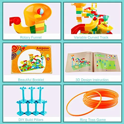 2-In-1 Kids Toys for 2 3 4 5 6 7   Year Old Boys Girls Toddlers Upgrade Classic Big Bricks Marble Run Building Blocks, Toss Ring Games Compatible with All Major Brands for Christmas Birthday Gifts