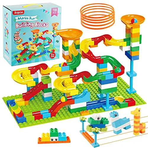 2-In-1 Kids Toys for 2 3 4 5 6 7   Year Old Boys Girls Toddlers Upgrade Classic Big Bricks Marble Run Building Blocks, Toss Ring Games Compatible with All Major Brands for Christmas Birthday Gifts