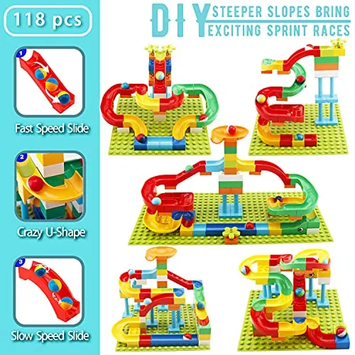 2-In-1 Kids Toys for 2 3 4 5 6 7   Year Old Boys Girls Toddlers Upgrade Classic Big Bricks Marble Run Building Blocks, Toss Ring Games Compatible with All Major Brands for Christmas Birthday Gifts