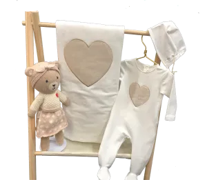 Adorable Heart-Themed Baby Gift Set - Footie, Blanket, Bonnet & Plush Bear