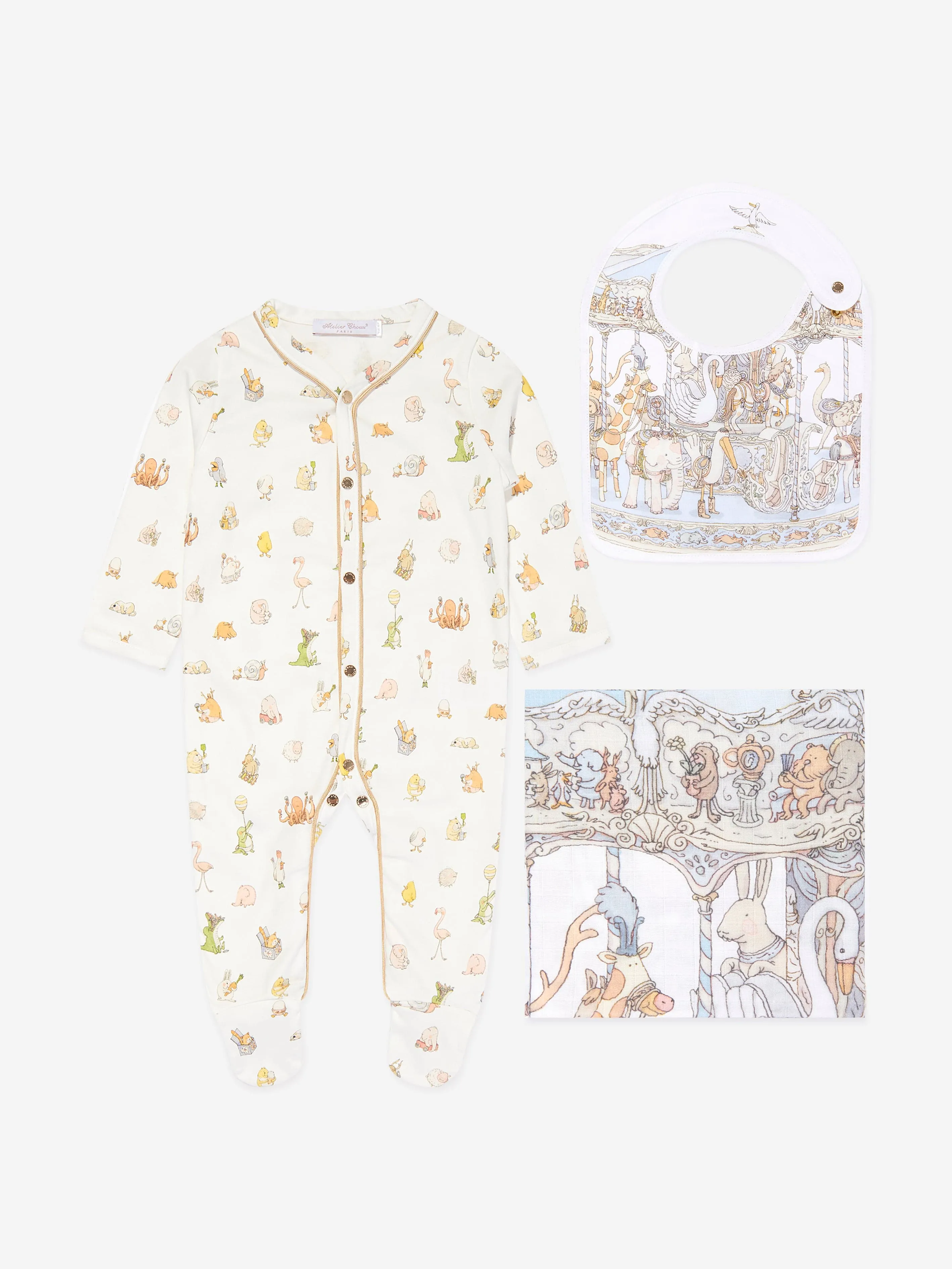 Atelier Choux Baby Carousel  Swaddle Bibs And Choux Playsuit Set in Blue