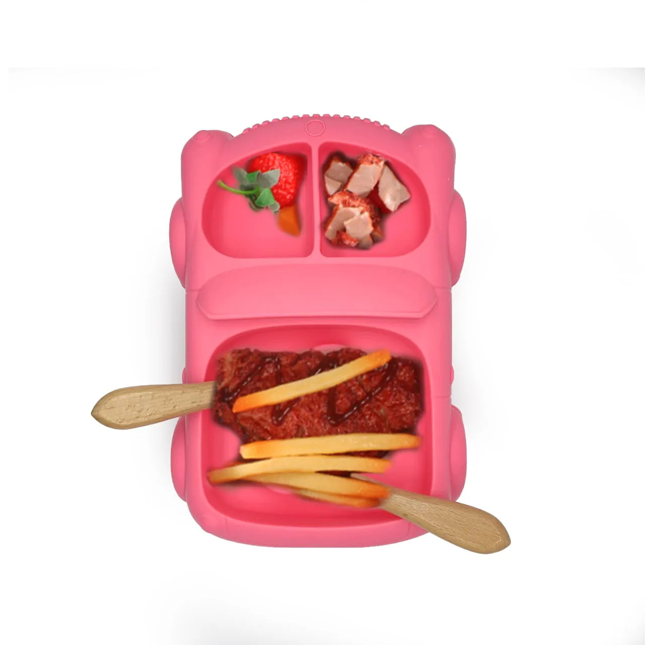 Baby Food Plate - Car Design with Wooden Spoon for Babies and Kids