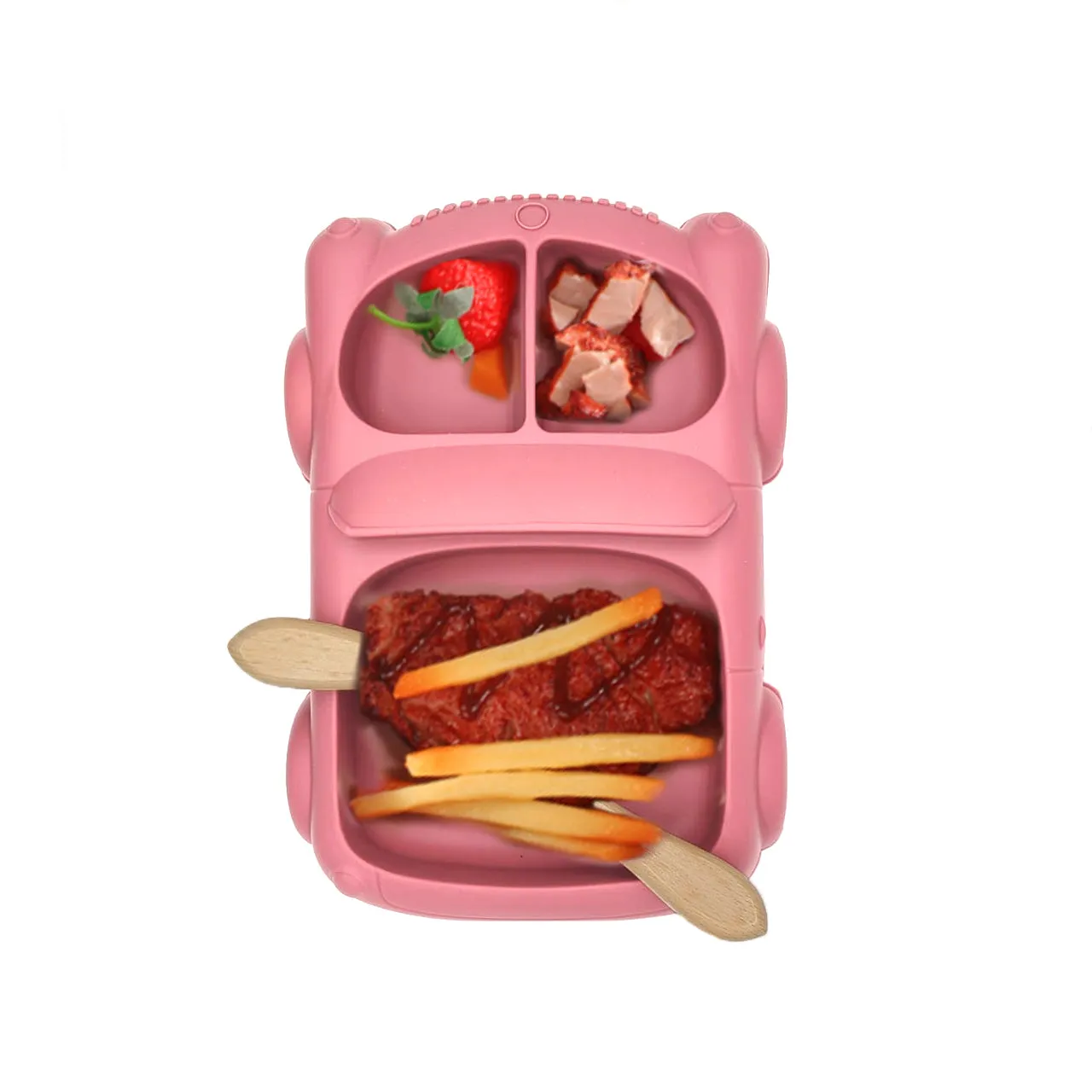 Baby Food Plate - Car Design with Wooden Spoon for Babies and Kids