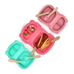 Baby Food Plate - Car Design with Wooden Spoon for Babies and Kids