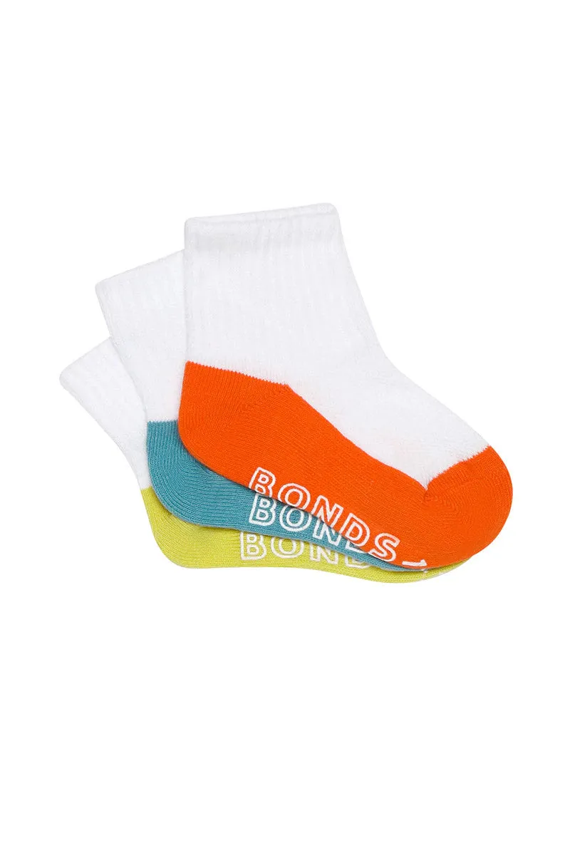 Bonds Baby Lightweight Quarter Crew 3 Pack - Orange/Teal/Yellow