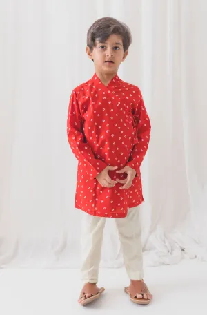 Boys Babu Moshai Bandhani Kurta Pyjama Set - Red