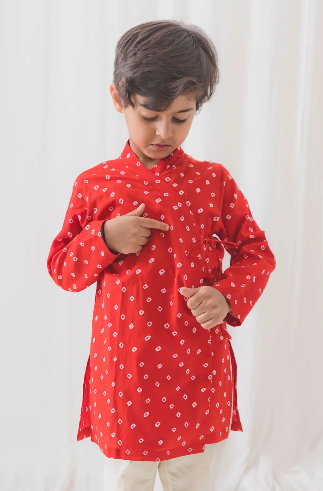 Boys Babu Moshai Bandhani Kurta Pyjama Set - Red