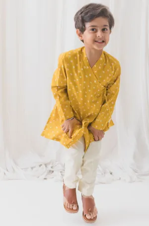 Boys Babu Moshai Bandhani Kurta Pyjama Set -Yellow