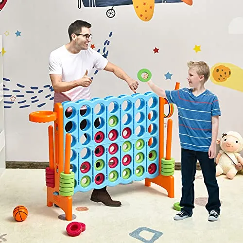 COSTWAY Jumbo 4-to-Score Giant Game Set for Kids, 2.5Ft Indoor Outdoor Game with Basketball Hoop, Ring Game, 42 Jumbo Rings, Quick-Release Slider, Perfect for Birth & Holiday Party (Baby Blue)