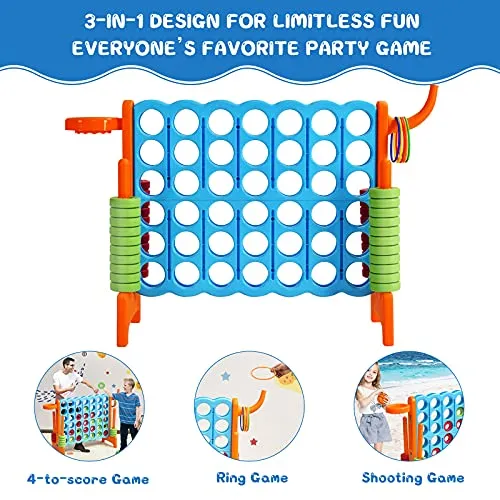 COSTWAY Jumbo 4-to-Score Giant Game Set for Kids, 2.5Ft Indoor Outdoor Game with Basketball Hoop, Ring Game, 42 Jumbo Rings, Quick-Release Slider, Perfect for Birth & Holiday Party (Baby Blue)