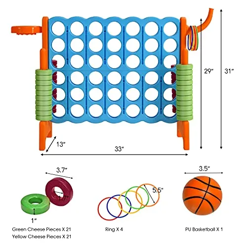 COSTWAY Jumbo 4-to-Score Giant Game Set for Kids, 2.5Ft Indoor Outdoor Game with Basketball Hoop, Ring Game, 42 Jumbo Rings, Quick-Release Slider, Perfect for Birth & Holiday Party (Baby Blue)