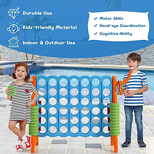 COSTWAY Jumbo 4-to-Score Giant Game Set for Kids, 2.5Ft Indoor Outdoor Game with Basketball Hoop, Ring Game, 42 Jumbo Rings, Quick-Release Slider, Perfect for Birth & Holiday Party (Baby Blue)