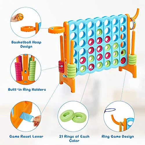 COSTWAY Jumbo 4-to-Score Giant Game Set for Kids, 2.5Ft Indoor Outdoor Game with Basketball Hoop, Ring Game, 42 Jumbo Rings, Quick-Release Slider, Perfect for Birth & Holiday Party (Baby Blue)