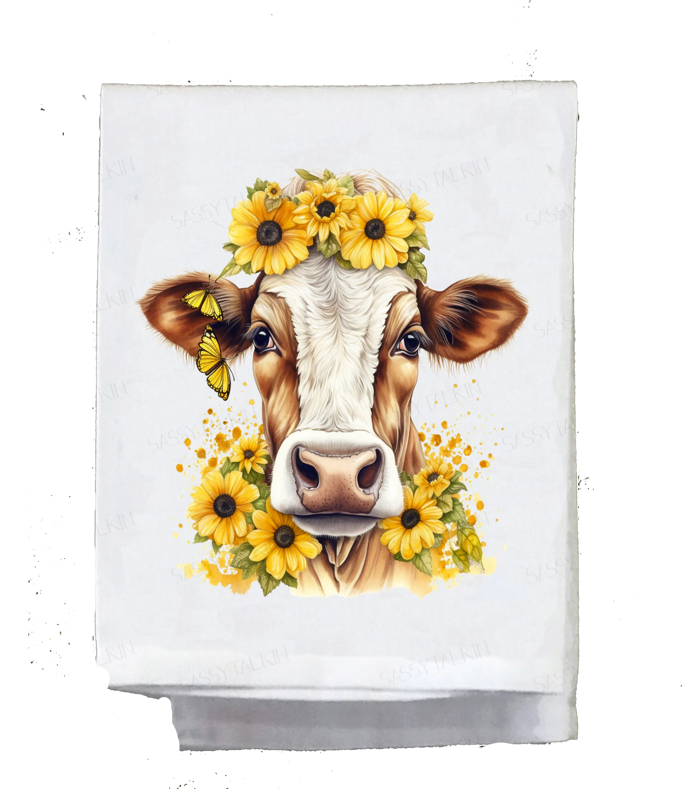 Country Dish Towel, Cow with sunflowers