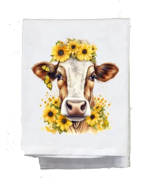 Country Dish Towel, Cow with sunflowers