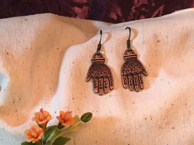 Earrings hand shaped/hand therapy jewery/brown squiggles flower center