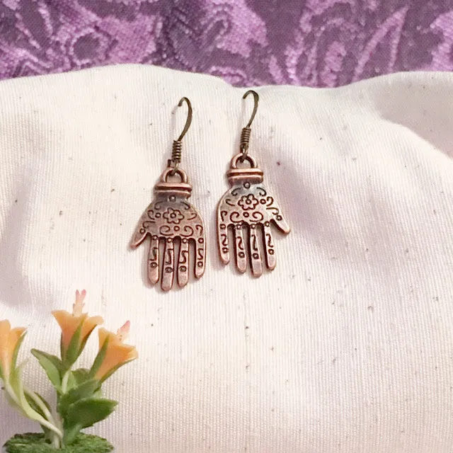 Earrings hand shaped/hand therapy jewery/brown squiggles flower center