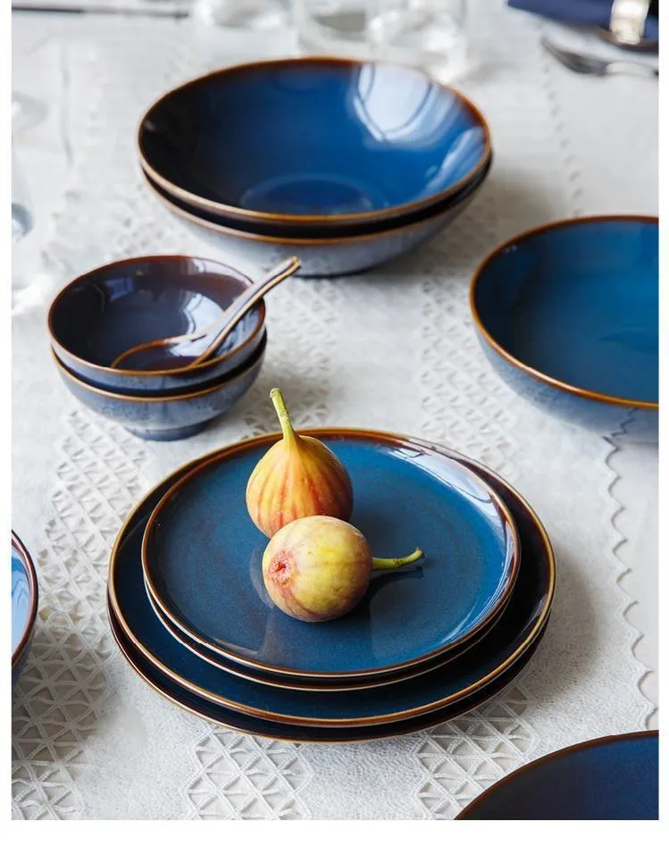 European Dim Deep Blue Color Ceramic Tableware