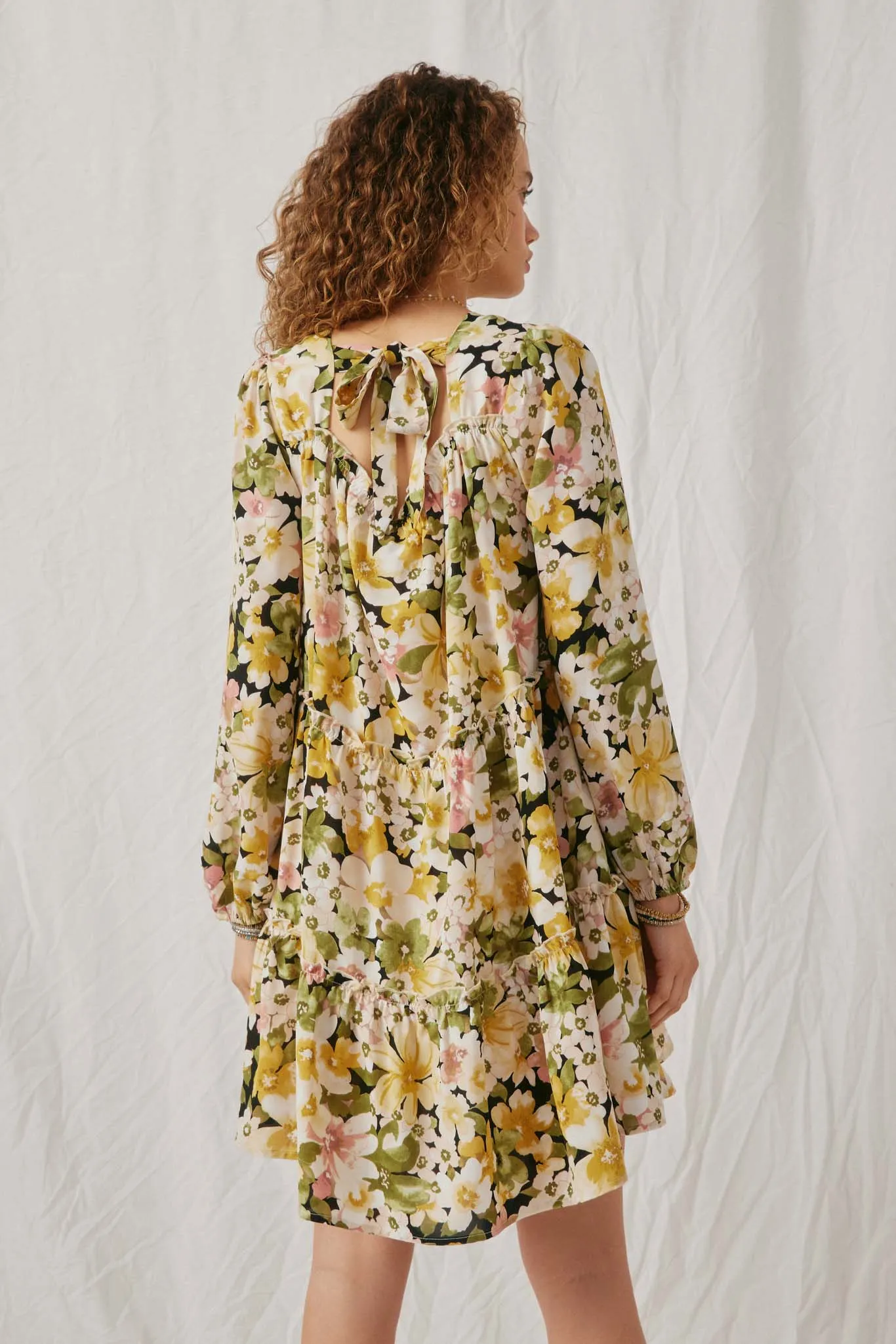 Floral Ribbon Detailed Long Sleeve Tiered Dress