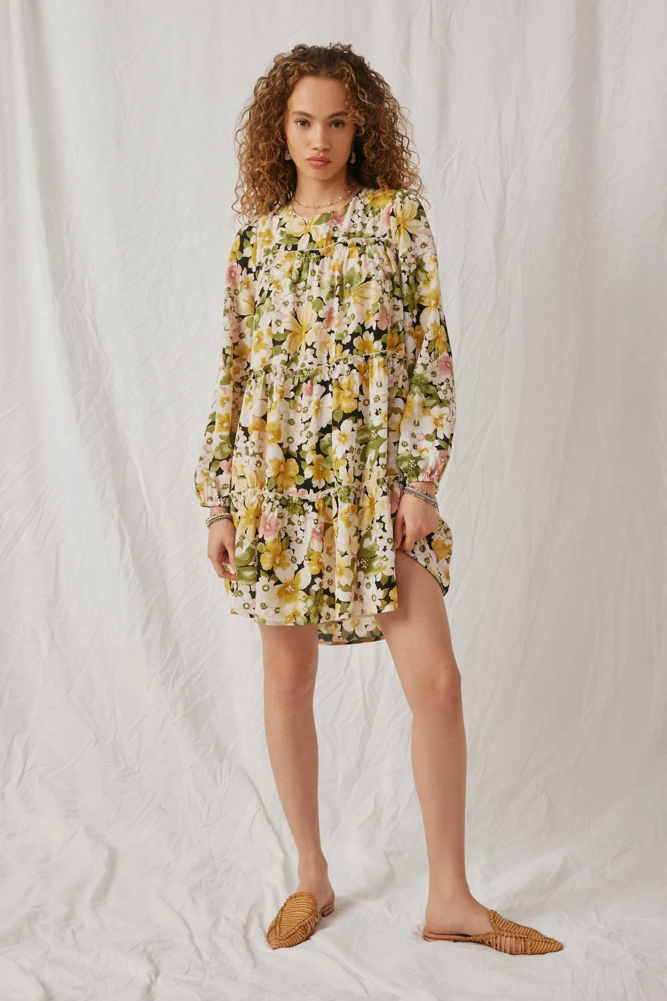 Floral Ribbon Detailed Long Sleeve Tiered Dress