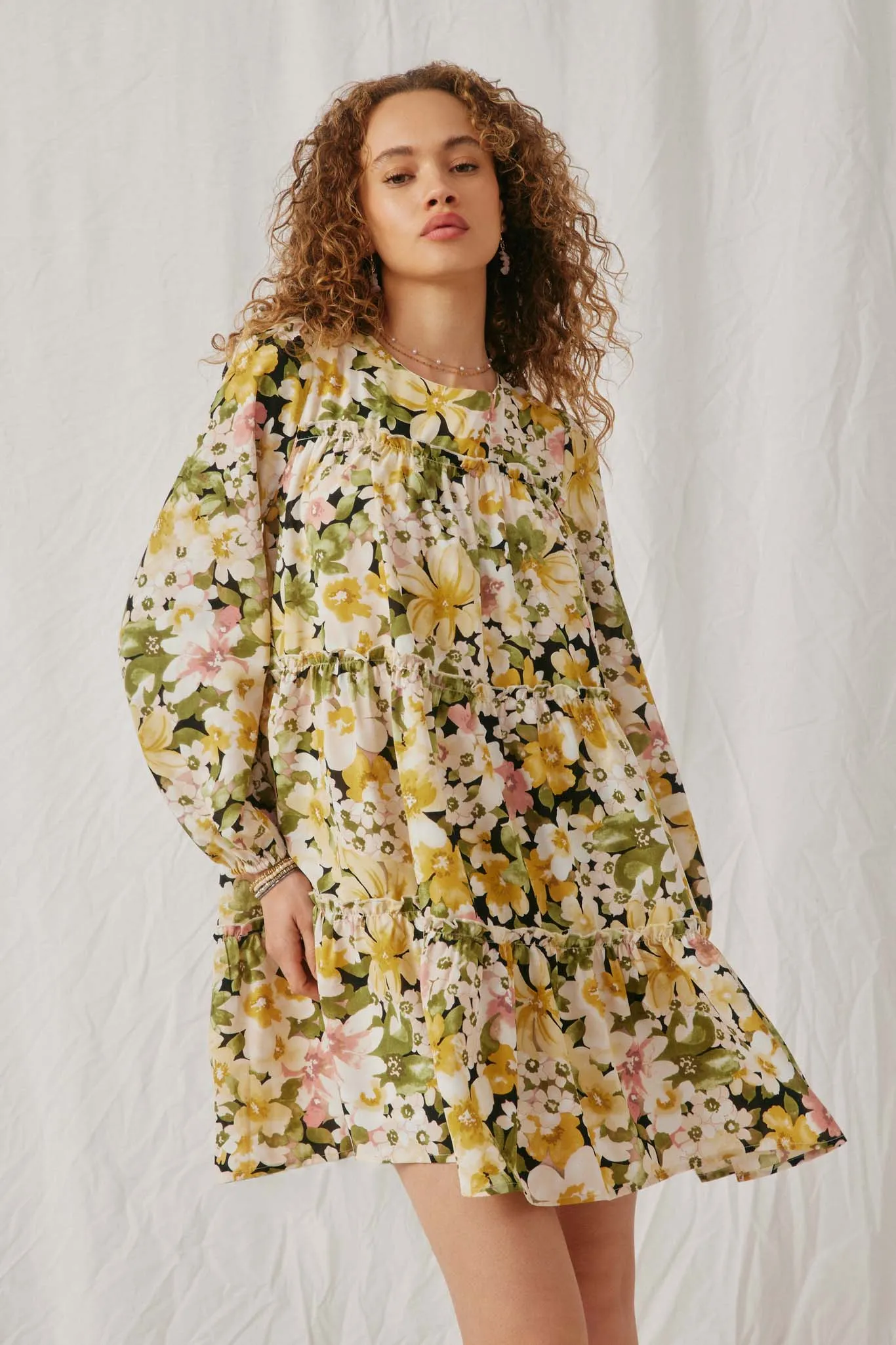 Floral Ribbon Detailed Long Sleeve Tiered Dress