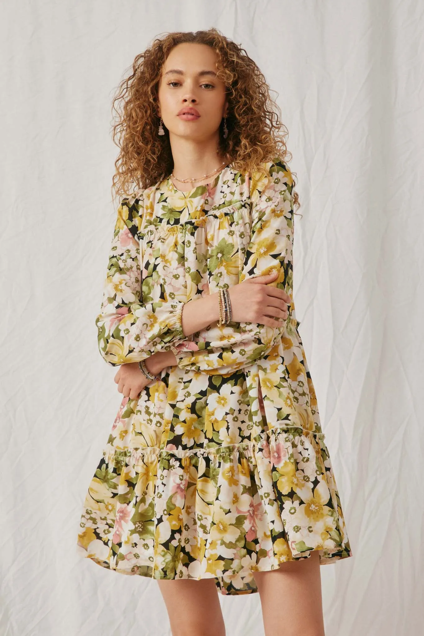 Floral Ribbon Detailed Long Sleeve Tiered Dress