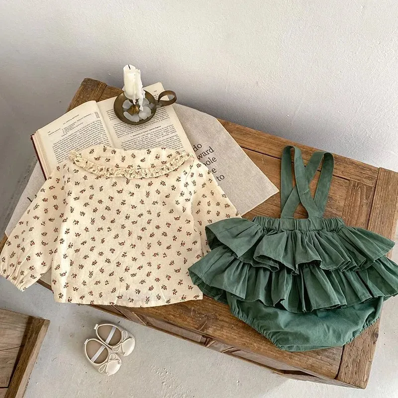 Flower Print Top and Green Ruffle Shorts Ensemble