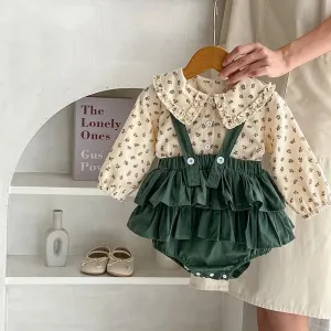 Flower Print Top and Green Ruffle Shorts Ensemble