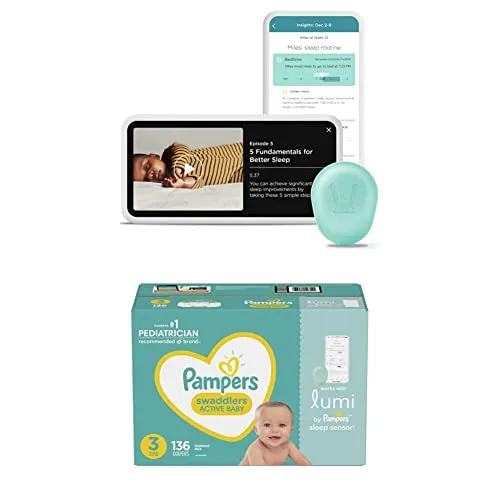 Lumi by Pampers Smart Sleep System: Automatic Sleep Tracking   Expert Sleep Coaching to Improve Your Baby’s Sleep: 1 Smart Sleep Sensor   2 Packs of Diapers, Size 3 (272 Total Diapers)