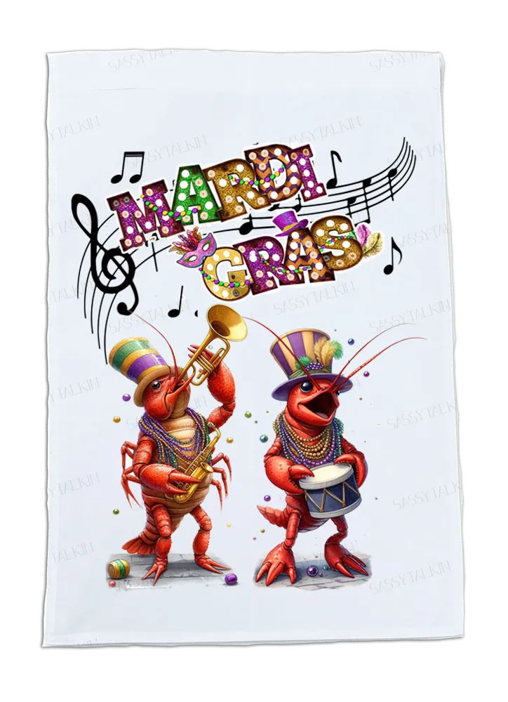 Mardi Gras, Dish Towel, Crawfish Music Men dancing and playing instruments