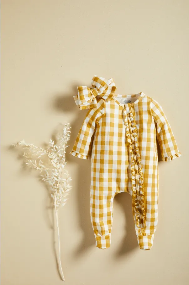 Mudpie Mustard Gingham Baby Sleeper Set