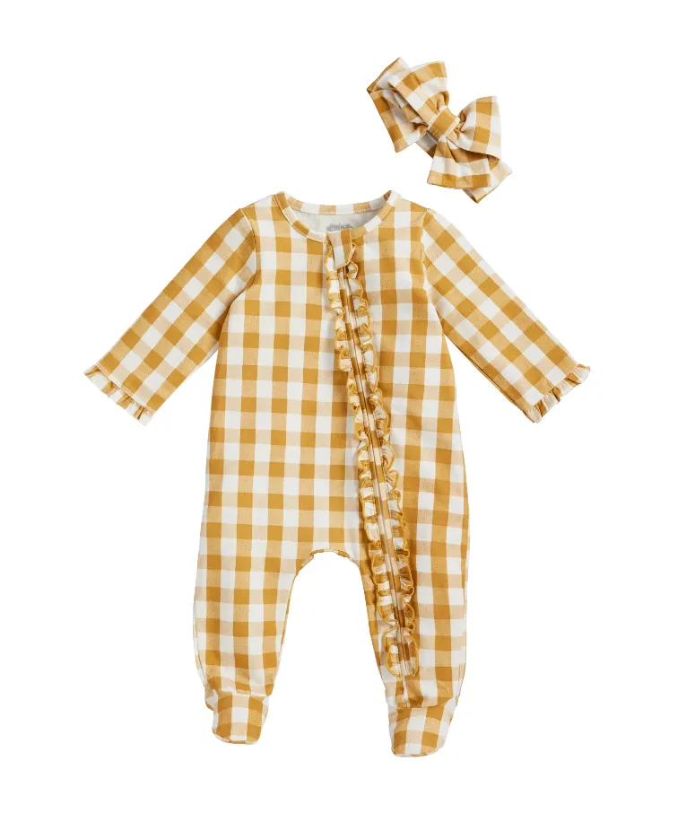 Mudpie Mustard Gingham Baby Sleeper Set