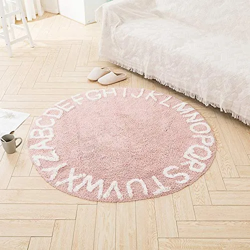 Satbuy ABC Kids Play Mat, Pink Alphabet 4ft Round Area Rugs Soft Plush Educational Learning Game Baby Crawling Mat Non-Slip Tufted Throw Carpet for Nursery Chilren Decor Bedroom