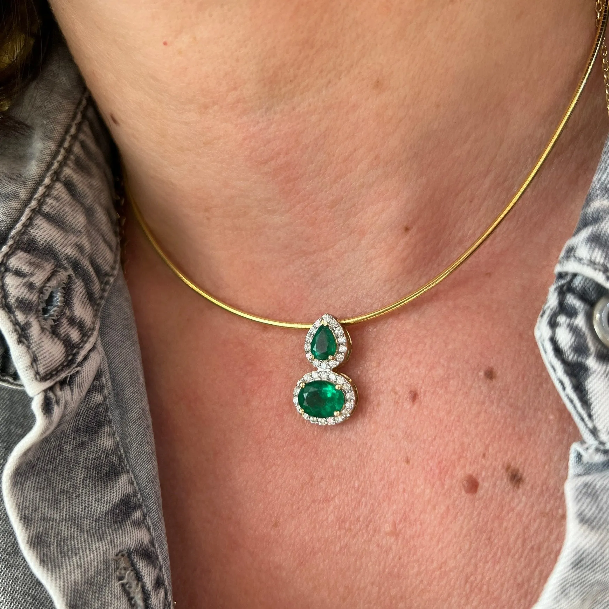 Two Stone Emerald Pendant with Diamond Halo on Omega Chain